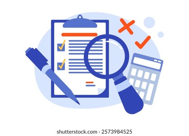 Vector illustration of a quality and satisfaction report with a pen, magnifying glass, and calculator. 