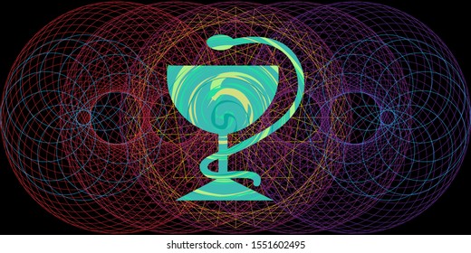 vector illustration of quantum medicine concept with concentric circles and medical symbol with snake 