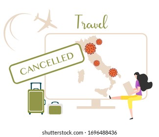 Vector illustration Quarantine. Holiday and travel cancellation Coronavirus  virus COVID-19 Quarantine Pandemic Reducing risk of infection, disease prevention measures. Stay at home. Health care