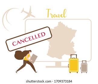 Vector illustration Quarantine. Holiday and travel cancellation Coronavirus  virus COVID-19 Quarantine Pandemic Reducing risk of infection, disease prevention measures. Stay at home. Health care