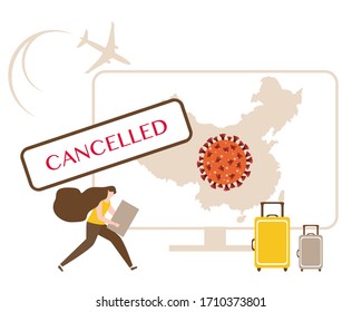 Vector illustration Quarantine. Holiday and travel cancellation Coronavirus  virus COVID-19 Quarantine Pandemic Reducing risk of infection, disease prevention measures. Stay at home. Health care