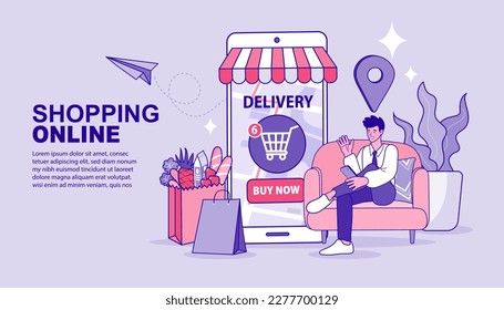 Vector illustration. Quarantine. man shopping online. Supermarket. Order food online. App on mobile phone. Buy at Home. Fresh Groceries. Food Delivery.