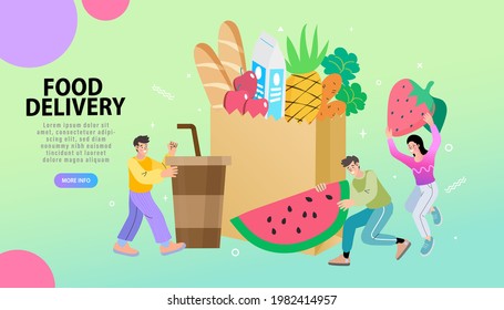 Vector illustration. Quarantine. Man and woman shopping online. Supermarket. Order food online. App on mobile phone. Buy at Home. Fresh Groceries. Food Delivery.
