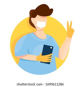 Ilustración vectorial del chat en línea de cuarentena. Joven con mascarilla de medicina y guantes protectores con smartphone tomando selfie. Conversando con amigos durante una epidemia