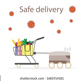 Vector illustration Quarantine. Online food, drink ordering, safe, fast delivery with robot. Chinese coronavirus COVID-19. Pandemic China virus. Reducing risk of infection, disease prevention measures