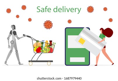 Vector illustration Quarantine. Online food, drink ordering, safe, fast delivery with robot. Chinese coronavirus COVID-19. Pandemic China virus. Reducing risk of infection, disease prevention measures