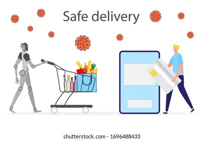 Vector illustration Quarantine. Online food, drink ordering, safe, fast delivery with robot.  coronavirus COVID-19. Pandemic  virus. Reducing risk of infection, disease prevention measures