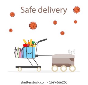 Vector illustration Quarantine. Online food, drink ordering, safe, fast delivery with robot.  coronavirus COVID-19. Pandemic  virus. Reducing risk of infection, disease prevention measures