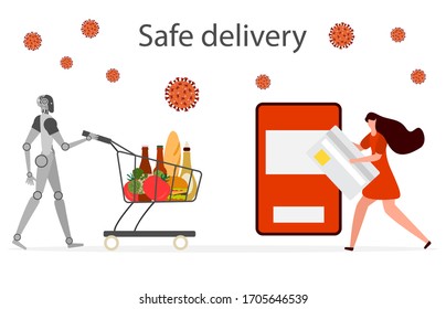 Vector illustration Quarantine. Online food, drink ordering, safe, fast delivery with robot.  coronavirus COVID-19. Pandemic  virus. Reducing risk of infection, disease prevention measures