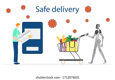 Vector illustration Quarantine. Online food and drink ordering for fast, safe delivery with robot.  coronavirus COVID-19. Pandemic  virus. Reducing risk of infection, disease prevention measures