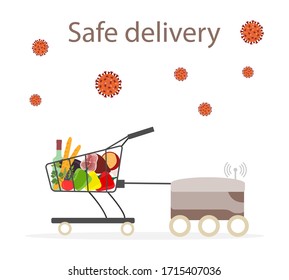 Vector illustration Quarantine. Online food, drink ordering, safe, fast delivery with robot.  coronavirus COVID-19. Pandemic  virus. Reducing risk of infection, disease prevention measures