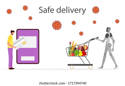 Vector illustration Quarantine. Online food, drink ordering, safe, fast delivery with robot.  coronavirus COVID-19. Pandemic  virus. Reducing risk of infection, disease prevention measures