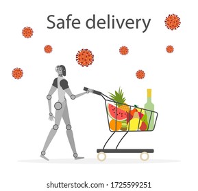 Vector illustration Quarantine. Online food, drink ordering, safe, fast delivery with robot.  coronavirus COVID-19. Pandemic  virus. Reducing risk of infection, disease prevention measures