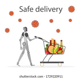 Vector illustration Quarantine. Online food, drink ordering, safe, fast delivery with robot.  coronavirus COVID-19. Pandemic  virus. Reducing risk of infection, disease prevention measures