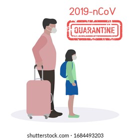 Vector illustration Quarantine. Returning infected tourists home. Coronavirus China virus COVID-19 Quarantine Pandemic Reducing risk of infection, disease prevention measures Stay at home. Health care