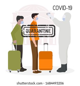 Vector illustration Quarantine. Returning infected tourists home. Coronavirus China virus COVID-19 Quarantine Pandemic Reducing risk of infection, disease prevention measures Stay at home. Health care