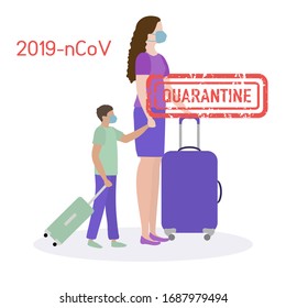 Vector illustration Quarantine. Returning infected tourists home. Coronavirus China virus COVID-19 Quarantine Pandemic Reducing risk of infection, disease prevention measures Stay at home. Health care