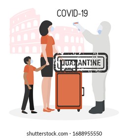 Vector illustration Quarantine. Returning infected tourists home. Coronavirus China virus COVID-19 Quarantine Pandemic Reducing risk of infection, disease prevention measures Stay at home. Health care