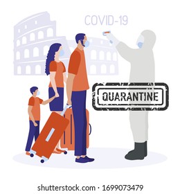 Vector illustration Quarantine. Returning infected tourists home. Coronavirus  virus COVID-19 Quarantine Pandemic Reducing risk of infection, disease prevention measures Stay at home. Health care