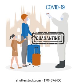 Vector illustration Quarantine. Returning infected tourists home. Coronavirus  virus COVID-19 Quarantine Pandemic Reducing risk of infection, disease prevention measures Stay at home. Health care