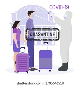 Ilustración vectorial Cuarentena. Regresando turistas infectados a casa. Virus del coronavirus COVID-19 Pandemia de cuarentena Reducción del riesgo de infección, medidas de prevención de la enfermedad Permanencia en casa. Atención de salud