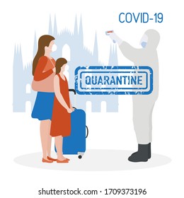 Vector illustration Quarantine. Returning infected tourists home. Coronavirus  virus COVID-19 Quarantine Pandemic Reducing risk of infection, disease prevention measures Stay at home. Health care