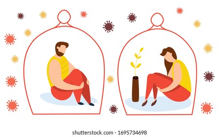 Vector illustration of quarantine self isolation.  Couple in love does not meet because of coronavirus  COVID-19 epidemic. Stay home. 