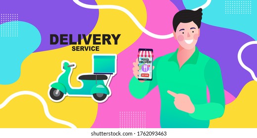 Vector illustration. Quarantine. Woman shopping online. Supermarket. Order food online. App on mobile phone. Buy at Home. Fresh Groceries. Food Delivery.