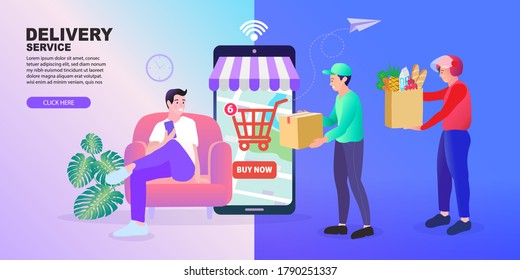 Vector illustration. Quarantine. Woman shopping online. Supermarket. Order food online. App on mobile phone. Buy at Home. Fresh Groceries. Food Delivery.