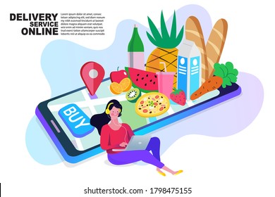 Vector illustration. Quarantine. Woman shopping online. Supermarket. Order food online. App on mobile phone. Buy at Home. Fresh Groceries. Food Delivery.