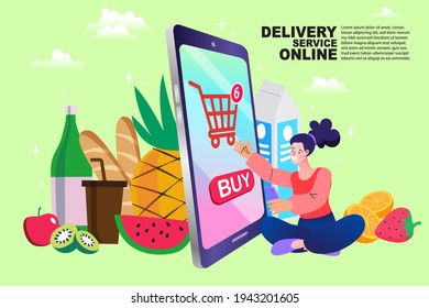 Vector illustration. Quarantine. Woman shopping online. Supermarket. Order food online. App on mobile phone. Buy at Home. Fresh Groceries. Food Delivery.