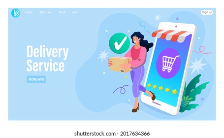 Vector illustration. Quarantine. Woman shopping online. Supermarket. Order food online. App on mobile phone. Buy at Home. Fresh Groceries. Food Delivery. Ecommerce concept.