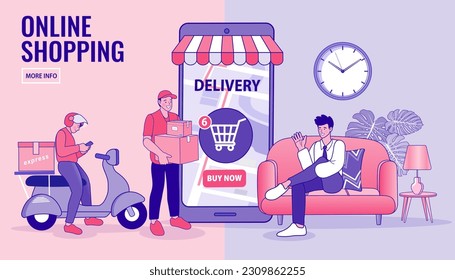 Vector illustration. Quarantine. Woman shopping online. Supermarket. Order food online. App on mobile phone. Buy at Home. Fresh Groceries. Food Delivery. Ecommerce concept. Vector illustration.