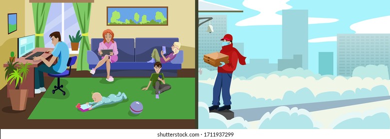 Vector Illustration Of Quarantined Family Waiting For Home Delivery In Winter 