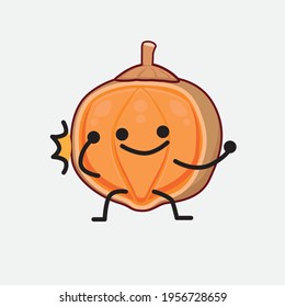 Vector Illustration of Quararibia Cordata Fruit Character with cute face, simple hands and leg line art on Isolated Background. Flat cartoon doodle style.