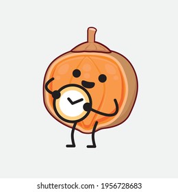 Vector Illustration of Quararibia Cordata Fruit Character with cute face, simple hands and leg line art on Isolated Background. Flat cartoon doodle style.