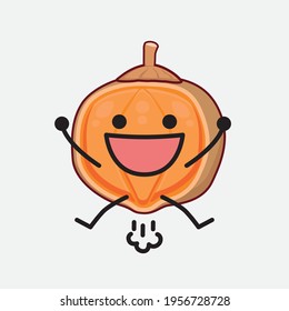 Vector Illustration of Quararibia Cordata Fruit Character with cute face, simple hands and leg line art on Isolated Background. Flat cartoon doodle style.