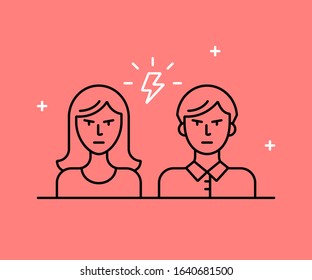 Vector illustration of a quarrel between a man and a woman. Linear icon of a swearing couple of lovers. Image of conflict in a relationship. Pictogram of fight and anger. Expression of emotion.