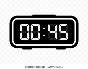 Vector illustration of quarter to one digital clock icon sign and symbol. Black icon for website design .Simple design on transparent background (PNG).