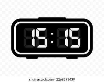 Vector illustration of quarter past fifteen digital clock icon sign and symbol. Black icon for website design .Simple design on transparent background (PNG).