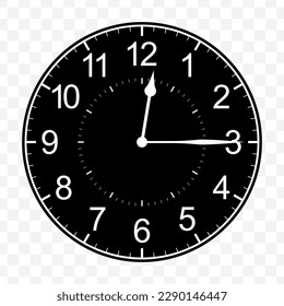 Vector illustration of quarter past twelve icon sign and symbol. Black icons on transparent background (PNG).