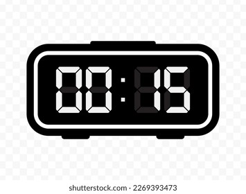 Vector illustration of quarter past zero digital clock icon sign and symbol. Black icon for website design .Simple design on transparent background (PNG).