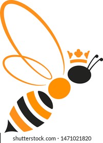 Vector illustration. Queen bee icon with crown in yellow and black. Isolated and geometric. Lateral view.