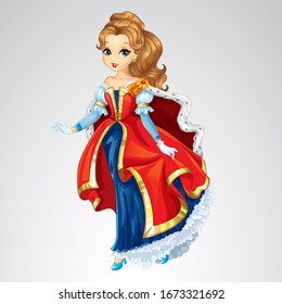 Vector illustration of queen in blue dress and red roal mantle with fur