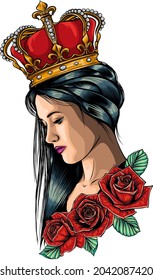 ilustración vectorial de la reina con corona y rosas