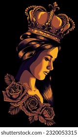 vector illustration of queen with crown and roses on black background