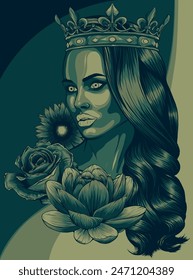 vector illustration of queen with crown and vintage flower