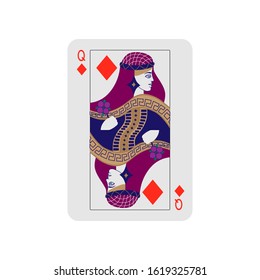 Vector illustration. Queen of Diamonds in classic style on a white background. Playing card.