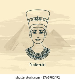 A vector illustration of the queen of Egypt Nefertiti profile isolated on a background of the Egyptian pyramids.