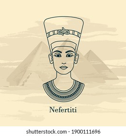 A vector illustration of the queen of Egypt Nefertiti profile isolated on a background of the Egyptian pyramids. 